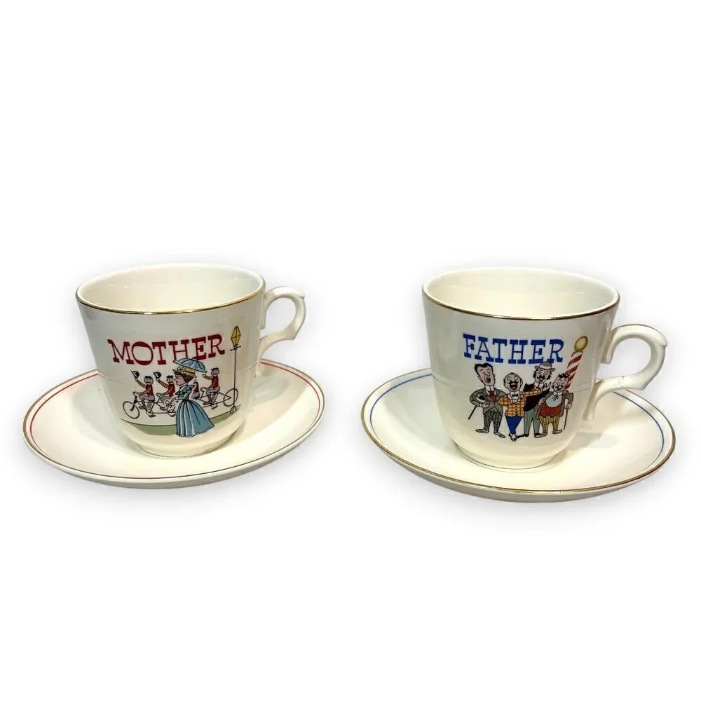 Vintage Mother Father Teacup Set Gold Trim Cups Saucers Collectible Gift